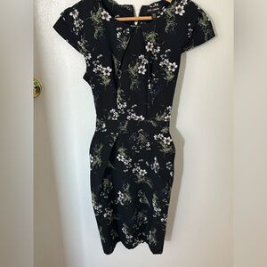 QED London floral tulip dress Size 6 Black Flowers Green Blue Cap Sleeves ASOS